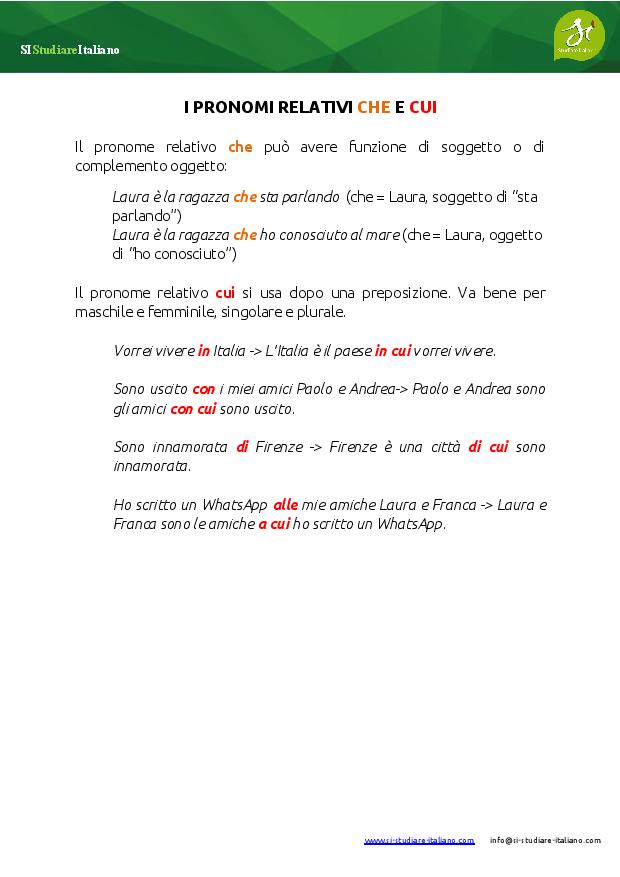 Pronomi relativi Che Chi learn Italian grammar PDF